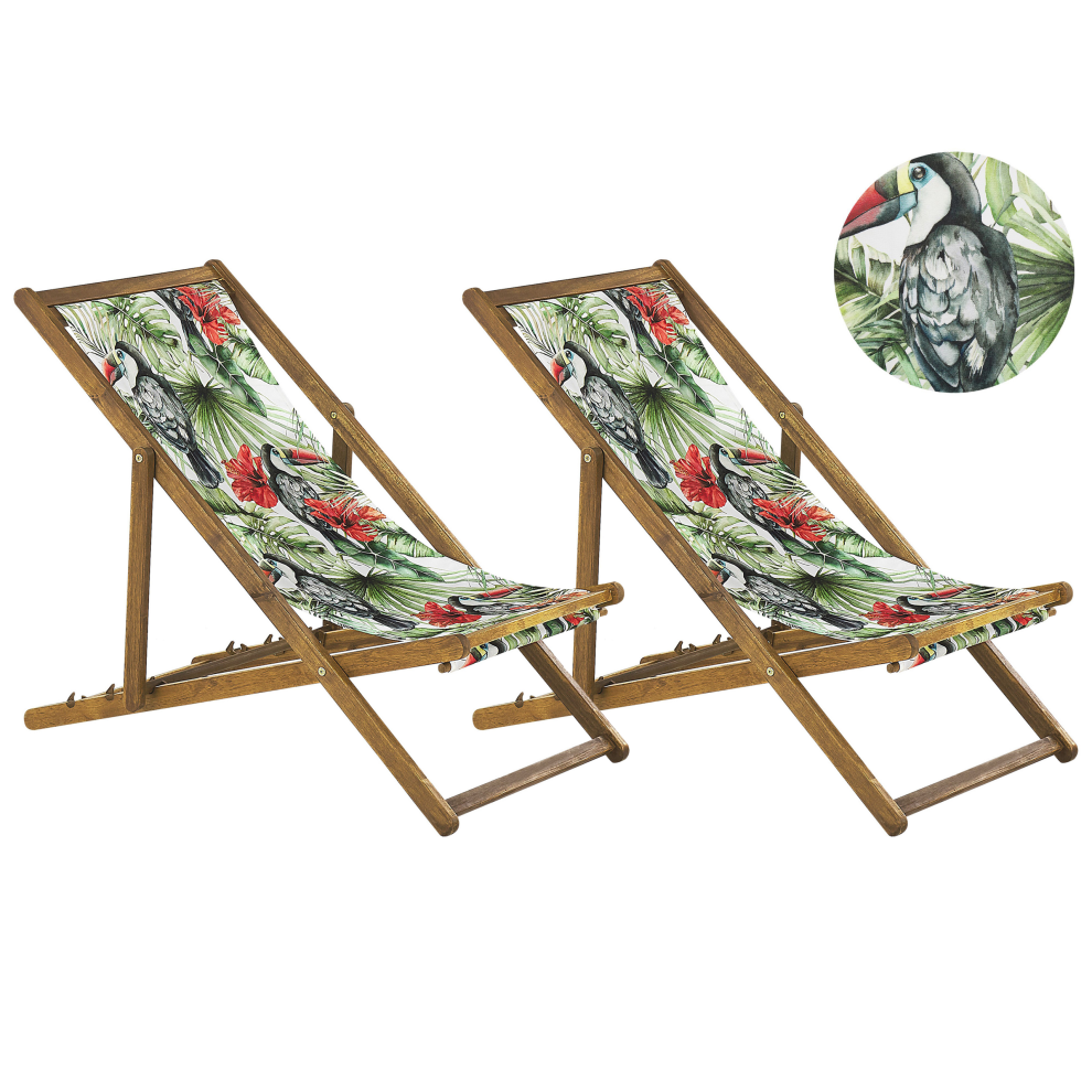 Set of 2 Acacia Folding Deck Chairs and 2 Replacement Fabrics Light Wood with Off-White / Toucan Pattern ANZIO
