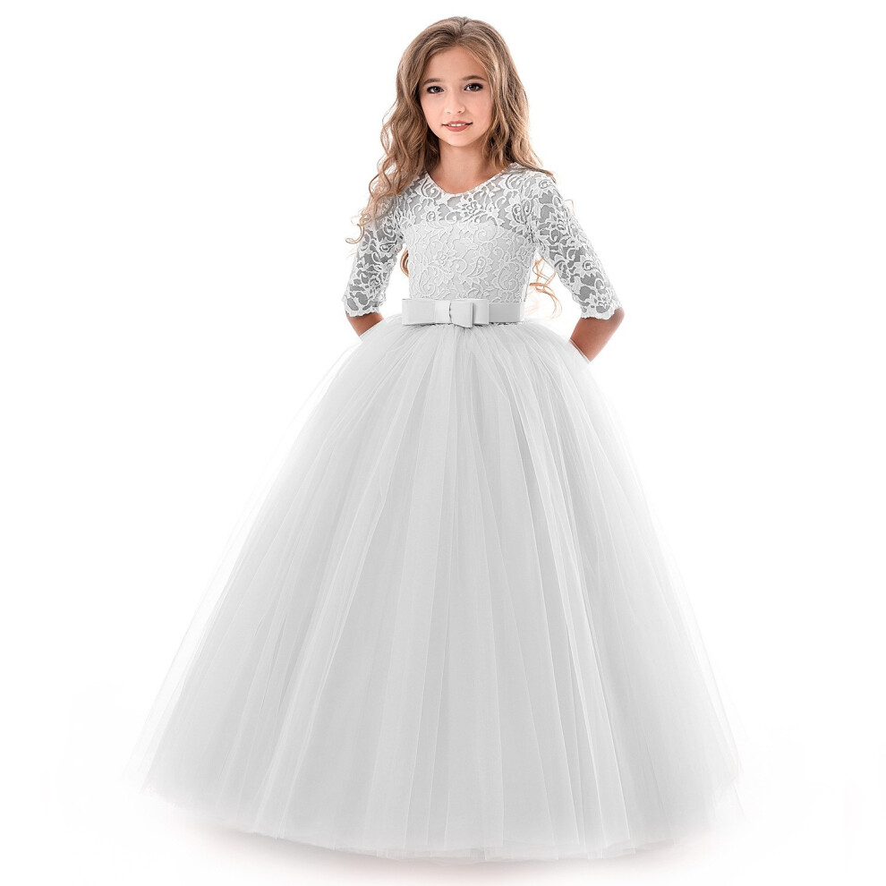 (White, 5-6Years) Elegance Kids Girls Lace princess dress Party UK