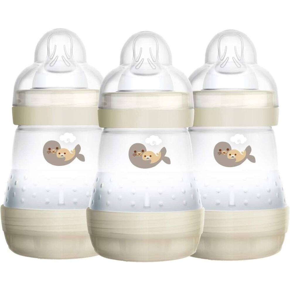 MAM Easy Start Self Sterilising Anti-Colic Baby Bottle 3 Pack (3 x160 ml) with Slow Flow MAM Teats Size 1 Newborn Essentials White Designs May Vary