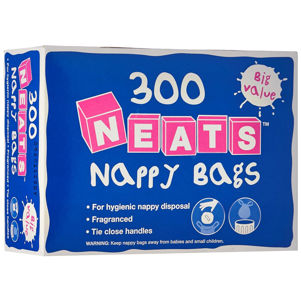 Neats - Nappy Bags, 300 Bulk Box, Tie Handle Disposable Sacks for Nappies, Wipes & Diapers, Fresh Fragrance