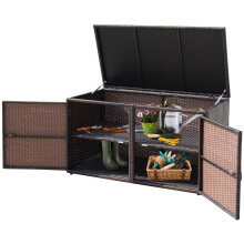 PE Rattan Outdoor Storage Box 330L, 2-Tier with Lid & Front Doors, Brown - All-Weather Wicker Deck Box with Sturdy Metal Frame