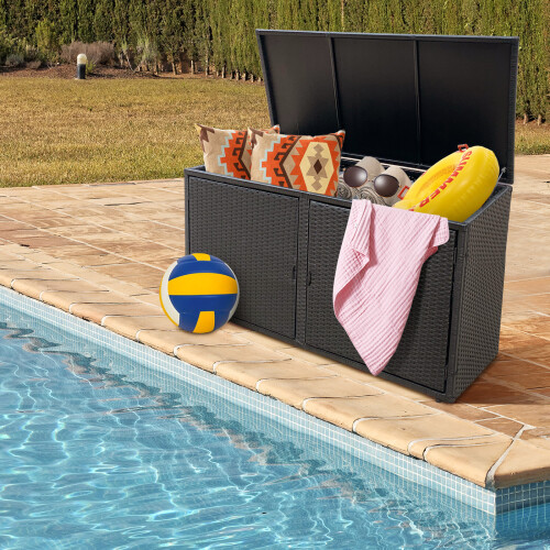 Costway PE Wicker Storage Box 330L 2-Tier with Lid & Front Doors Black 2