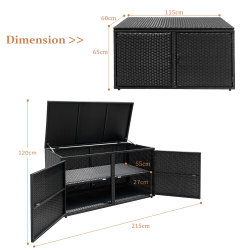 Costway PE Wicker Storage Box 330L 2-Tier with Lid & Front Doors Black 1