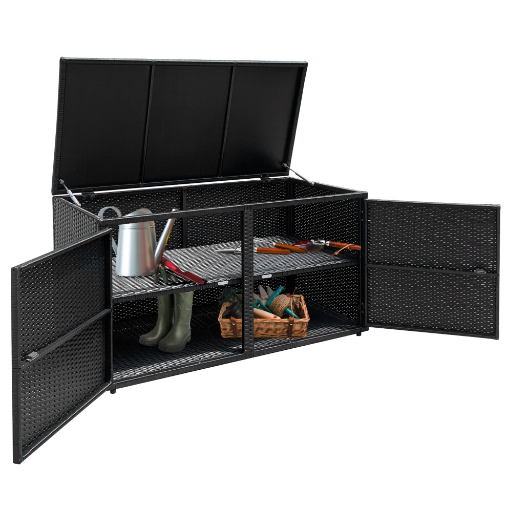 PE Wicker Storage Box 330L 2-Tier with Lid & Front Doors Black