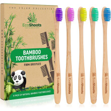 EcoShoots Adults Bamboo Toothbrushes with Firm Bristles Family Pack of 5 Natural Bamboo Toothbrush Eco-Friendly Natural Wooden Toothbrush