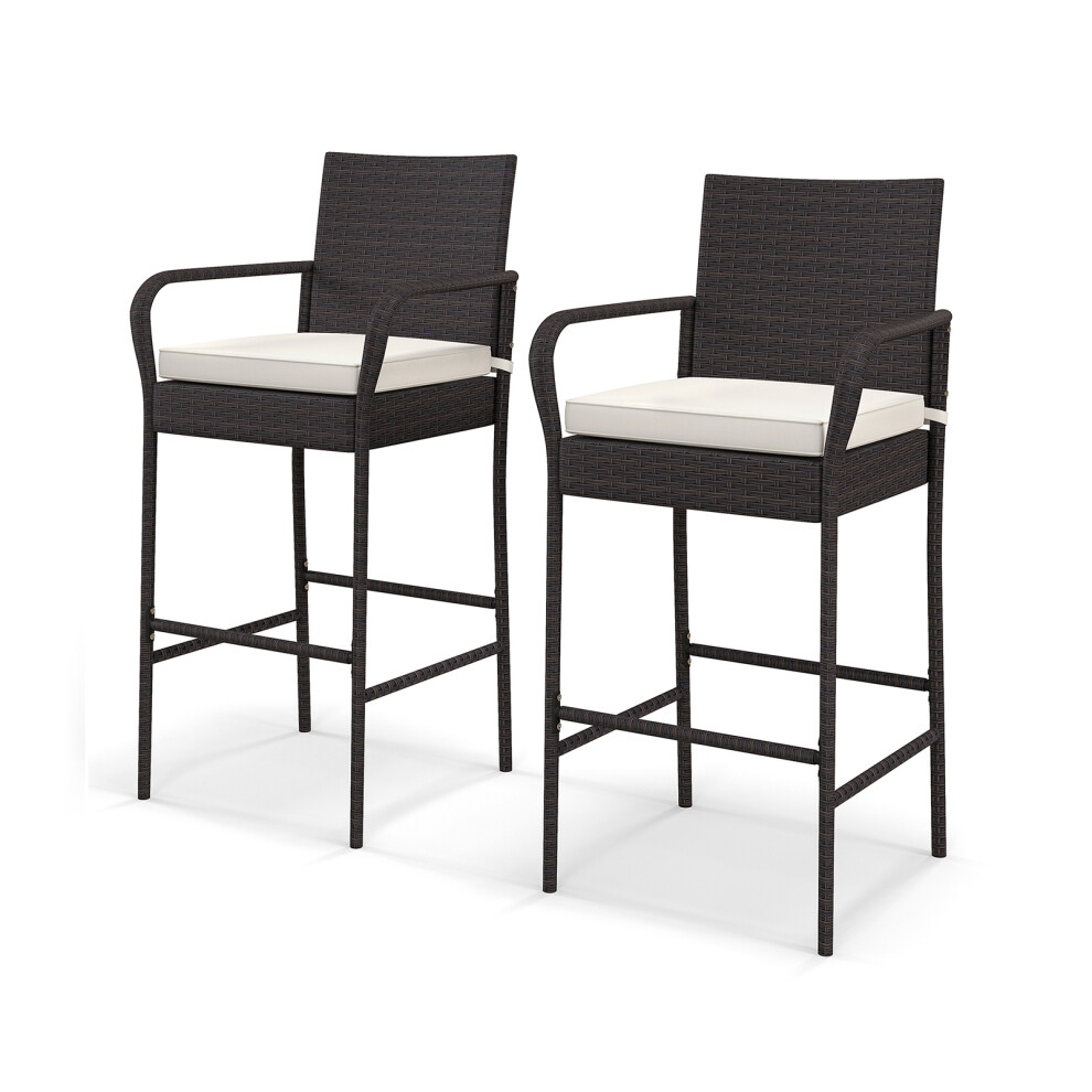 Patio Wicker Barstools Set of 2 with Armrests and Soft Cushions