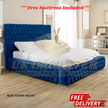 (Blue Plush, Double 4ft6"(Without Gas Lift)) Luxury Ambassador Bed Frame Park Lane Chesterfield Plush Velvet