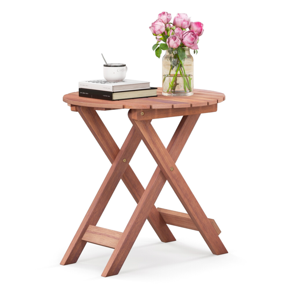 Wooden Side Table Folding w/ Slatted Tabletop & X-shaped Frame