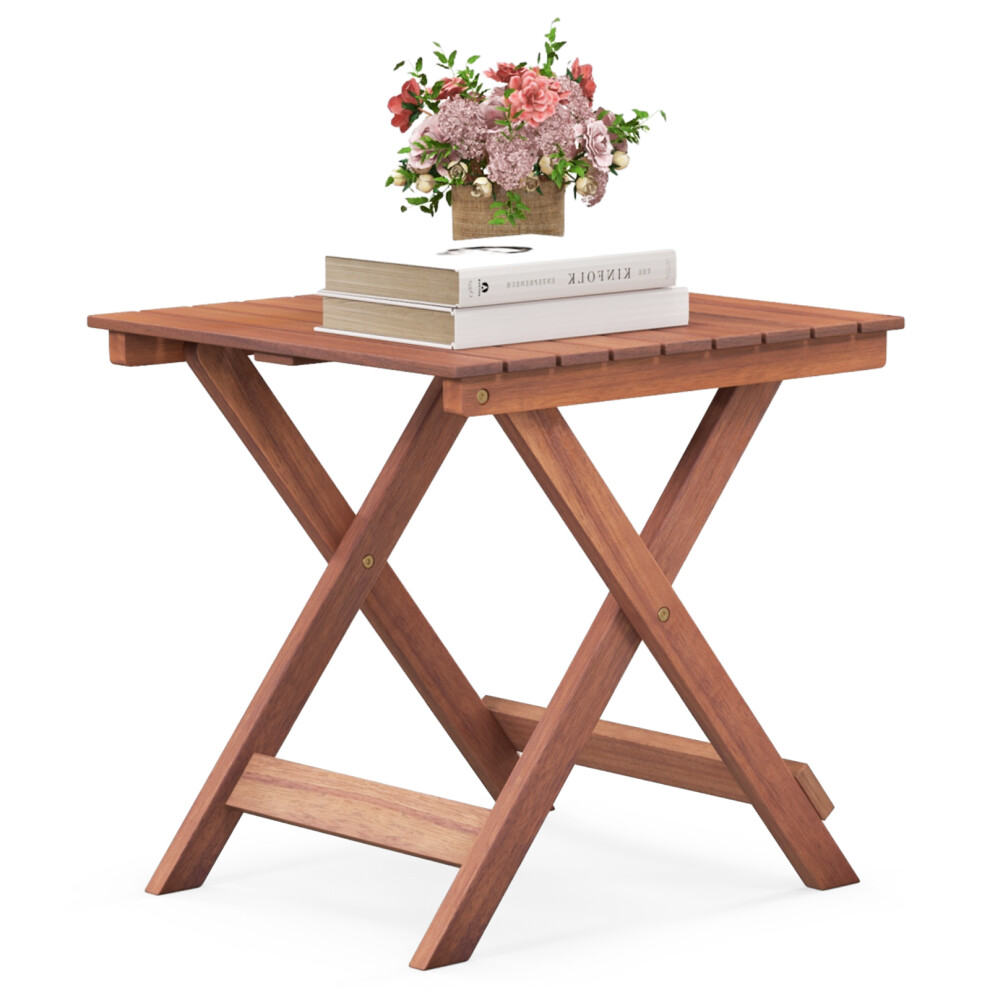 Wooden Side Table Folding w/ Slatted Tabletop & Sturdy X-shaped Frame