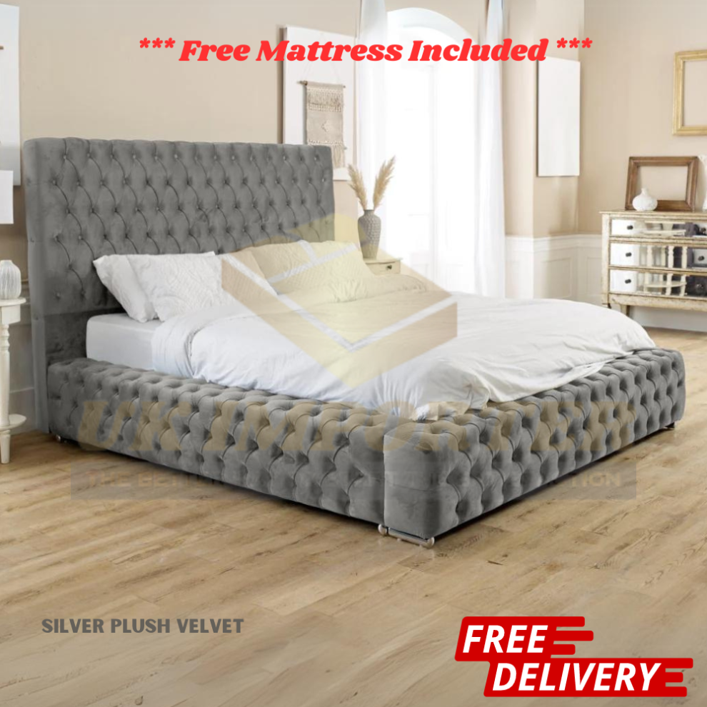 (Silver Plush, Double 4ft6"(Without Gas Lift)) Luxury Ambassador Bed Frame Park Lane Chesterfield Plush Velvet