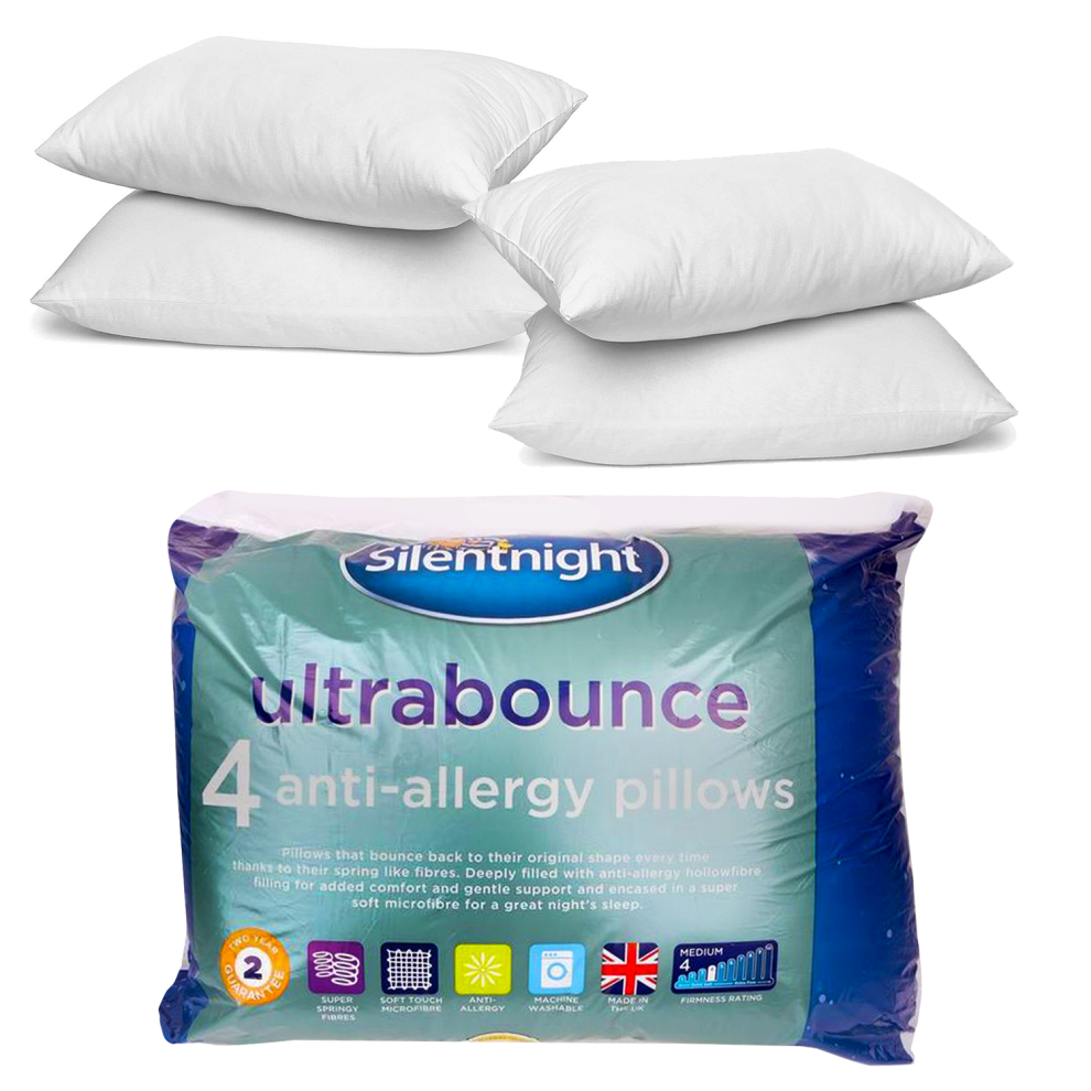 Pack of 4 Silentnight Ultrabounce Anti-allergy Pillows, Soft Hypoallergenic Luxury Hotel Bouncy Pillows