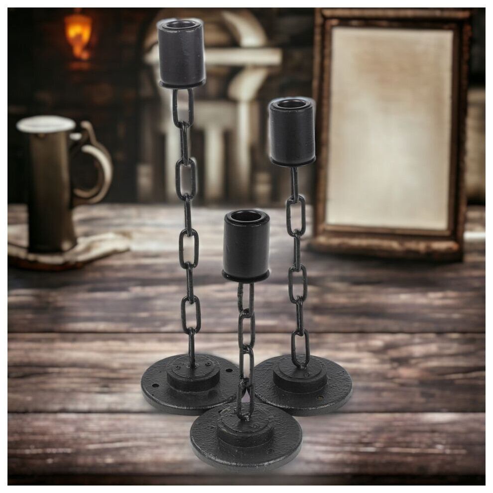 (1 of Each) Black Metal Chain Link Design Candle Holder with Wooden Stand