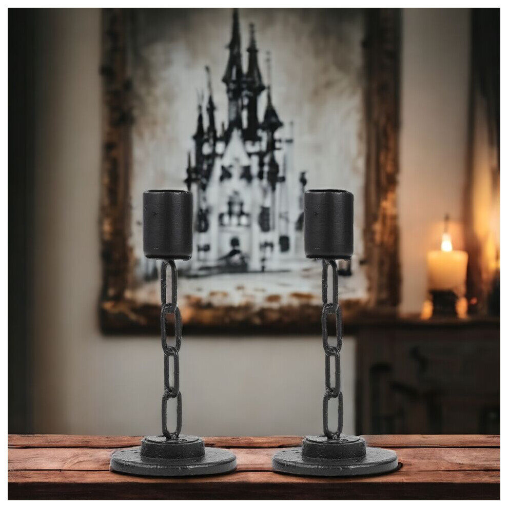 (Small x2) Black Metal Chain Link Design Candle Holder with Wooden Stand