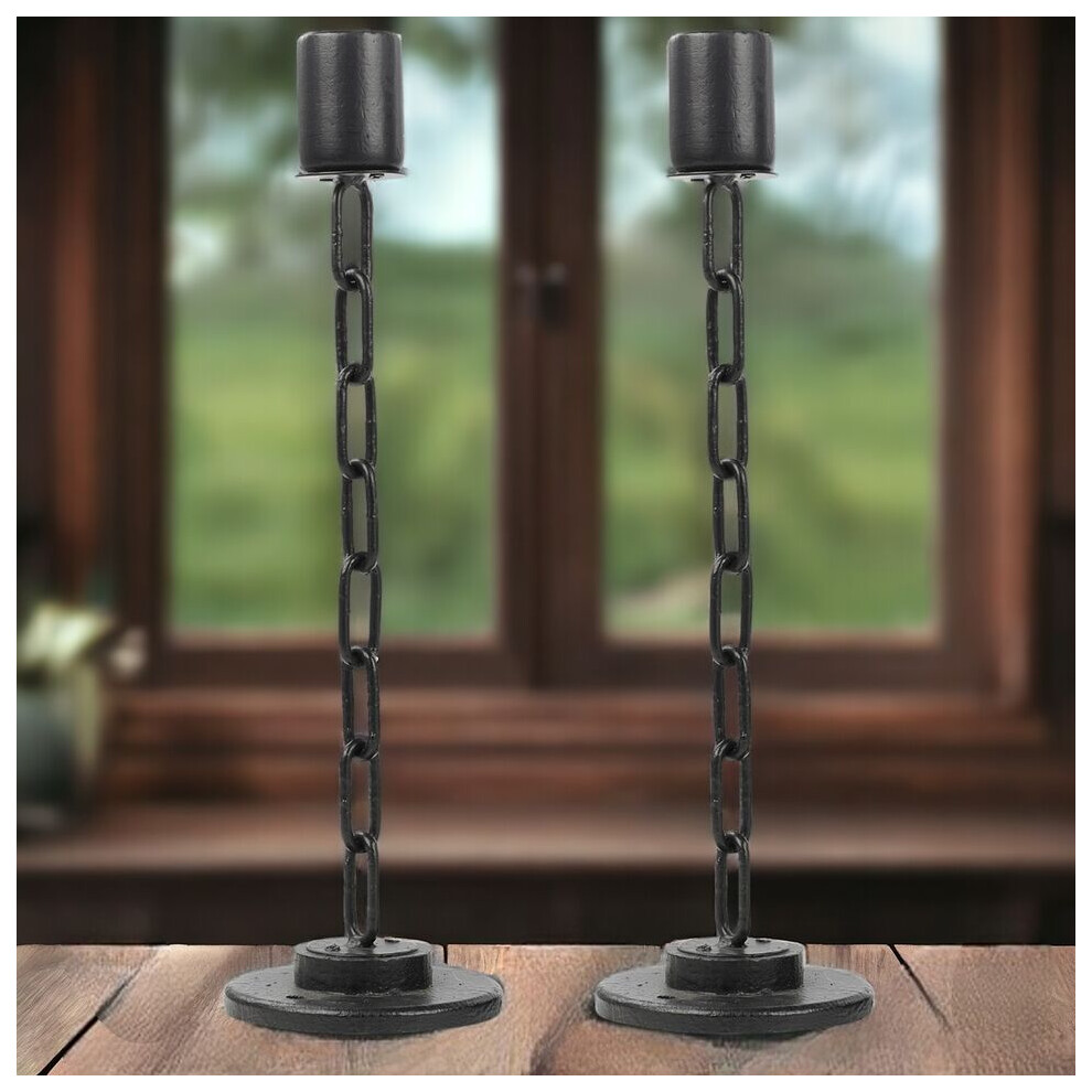 (Large x2) Black Metal Chain Link Design Candle Holder with Wooden Stand