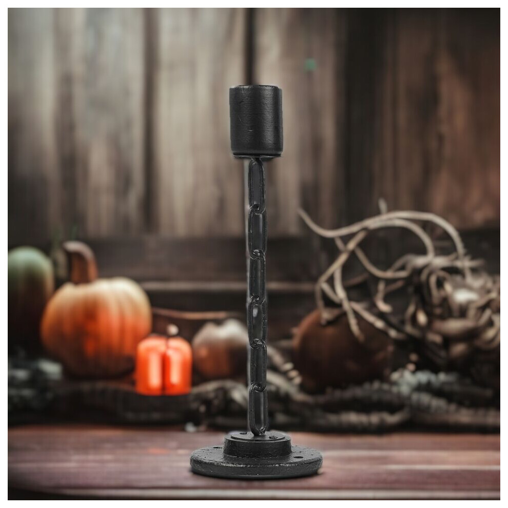 (Medium) Black Metal Chain Link Design Candle Holder with Wooden Stand