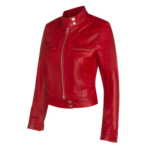 (5XL) Women's Plain Red Leather Biker Motorcycle Jacket 1