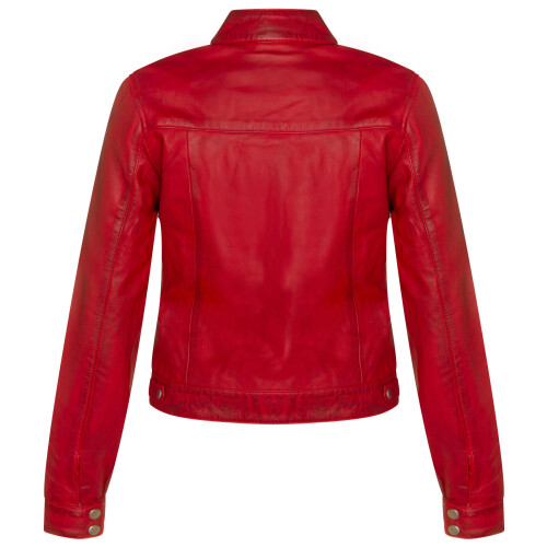 (L) Women's Plain Red Leather Biker Motorcycle Jacket 2