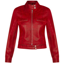 (XS) Women's Plain Red Leather Biker Motorcycle Jacket
