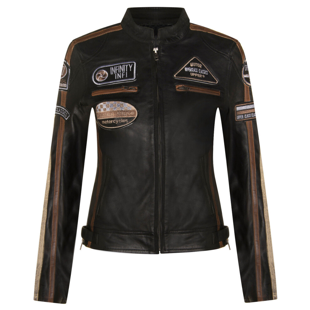 Infinity Leather Women's Black (4Xl) Leather Biker Casual Racing Moto Badges Jacket