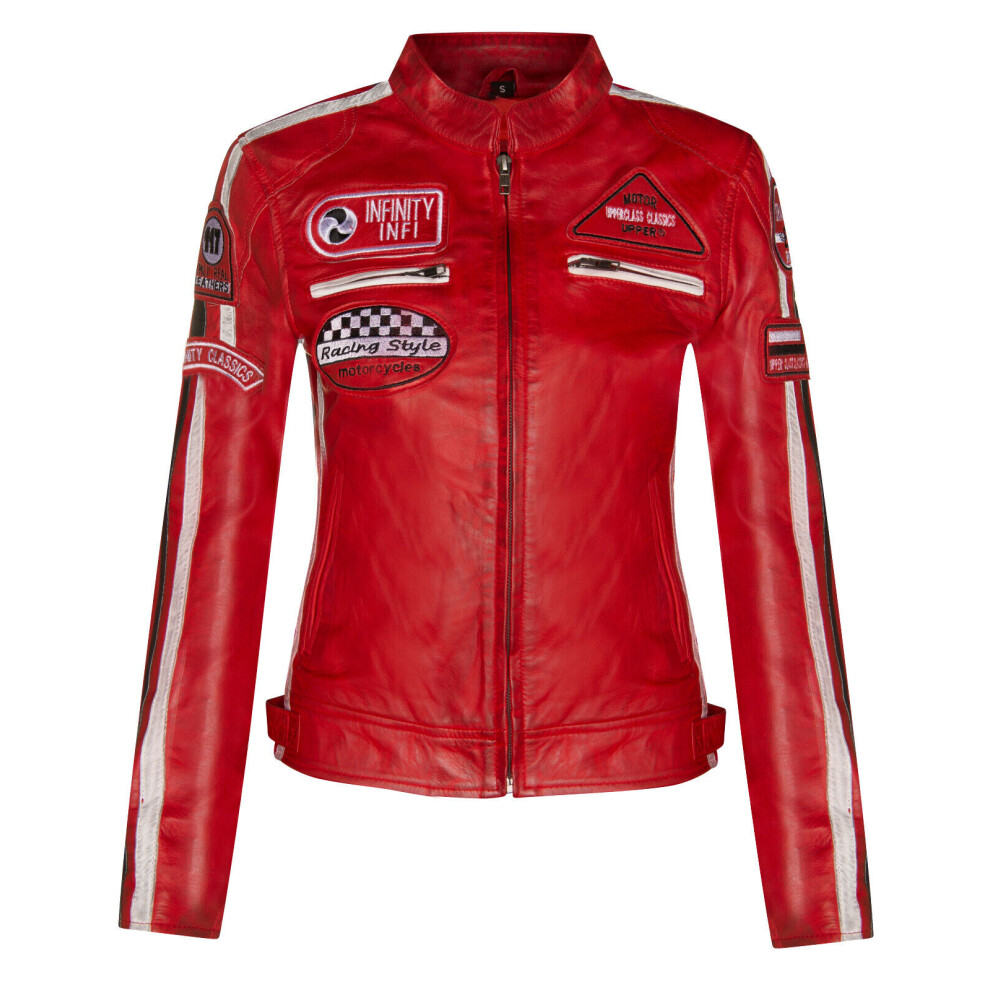 Infinity Leather Women's Red (2Xl) Leather Biker Casual Racing Moto Badges Jacket