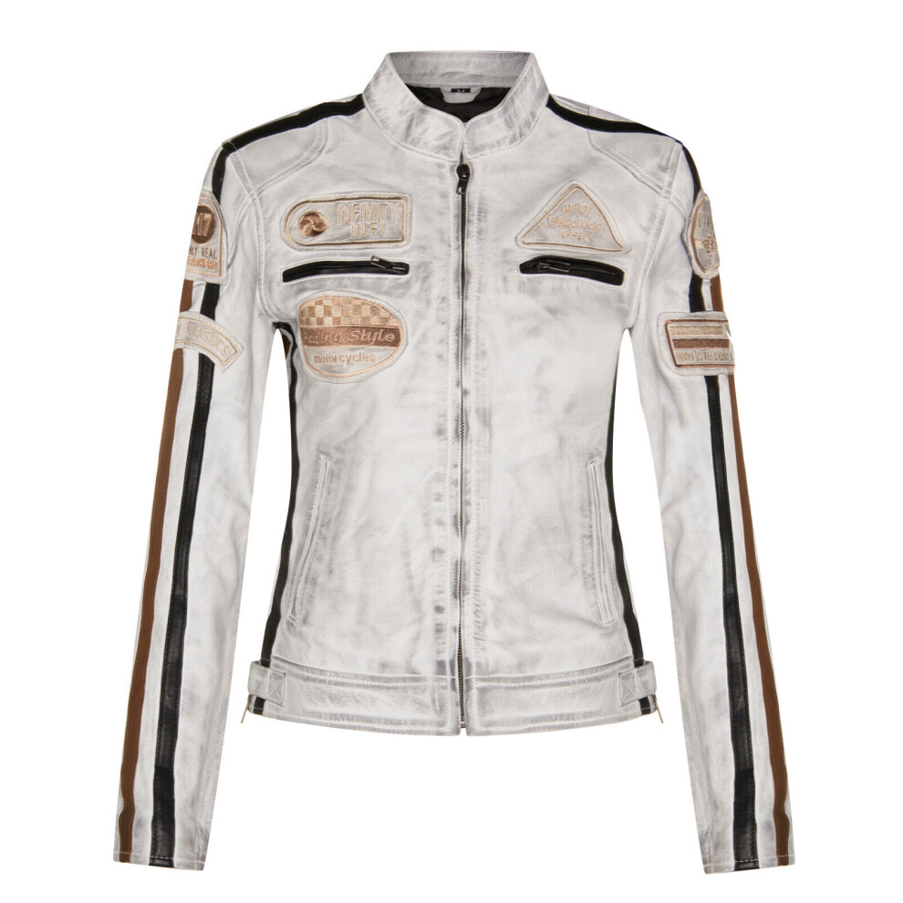 Infinity Leather Women's White (2Xl) Leather Biker Casual Racing Moto Badges Jacket