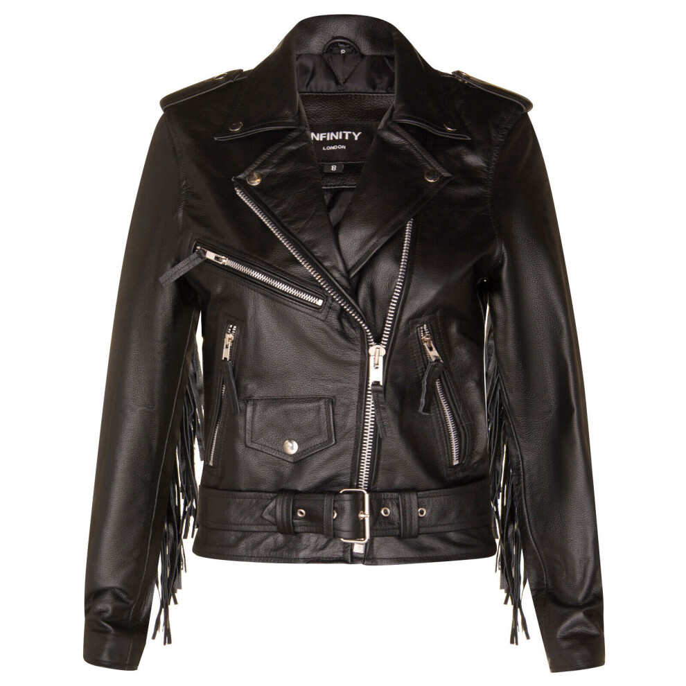 Infinity Leather Women's Black Fringe Tasseled Biker Jacket - Seville In | Size: 20 - Image 4