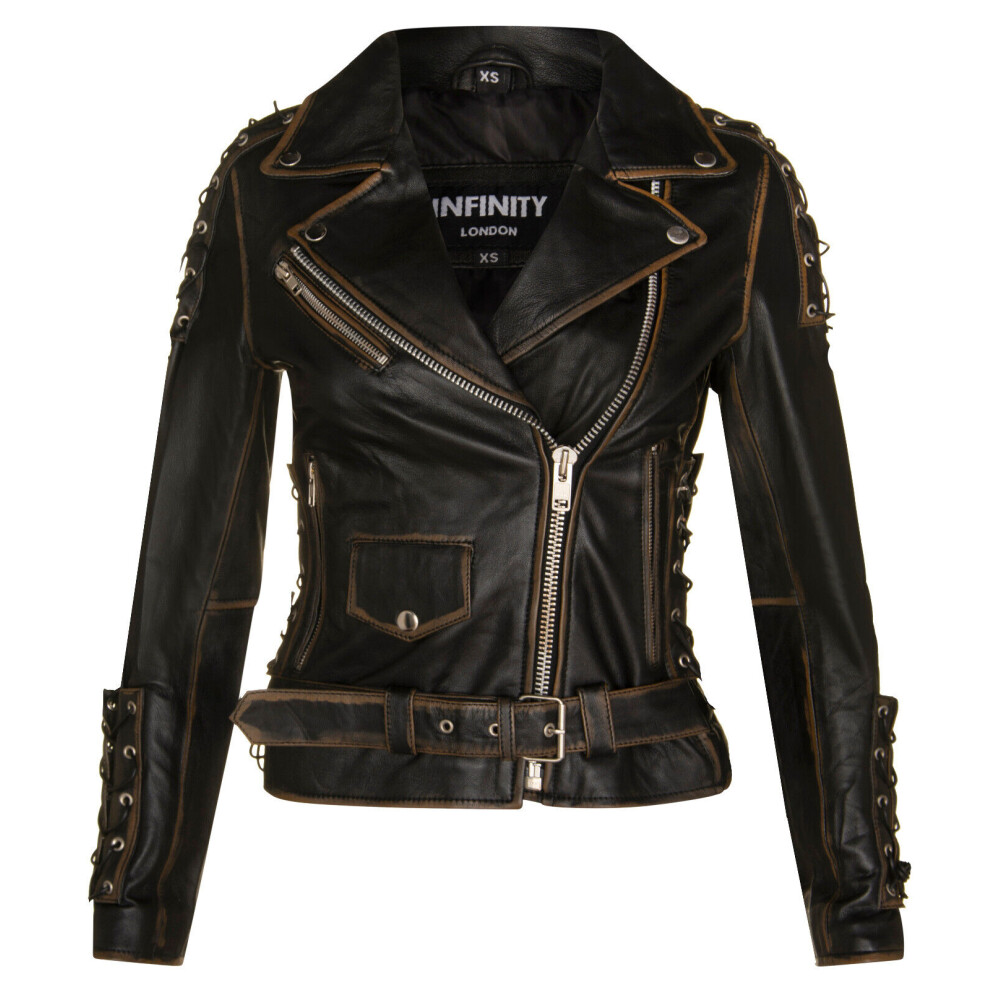 (2Xl) Women's Leather Biker Brando Motorcycle Jacket Black 5056611985675