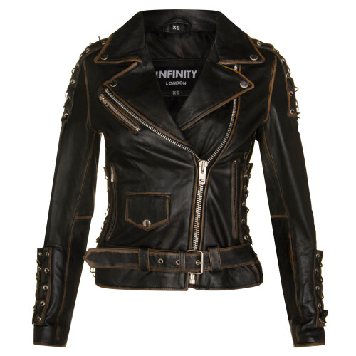 (M) Women's Black Leather Biker Brando Motorcycle Jacket