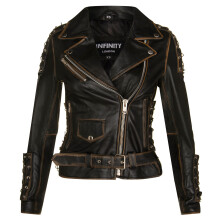 (S) Women's Black Leather Biker Brando Motorcycle Jacket