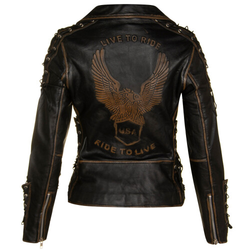 (M) Women's Black Leather Biker Brando Motorcycle Jacket 1