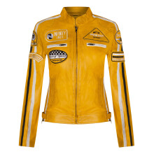 (3XL) Womens Yellow Leather Biker Casual Racing Moto Badges Jacket