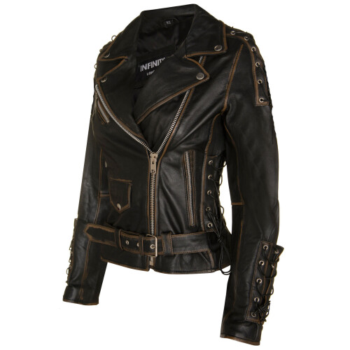 (M) Women's Black Leather Biker Brando Motorcycle Jacket 2