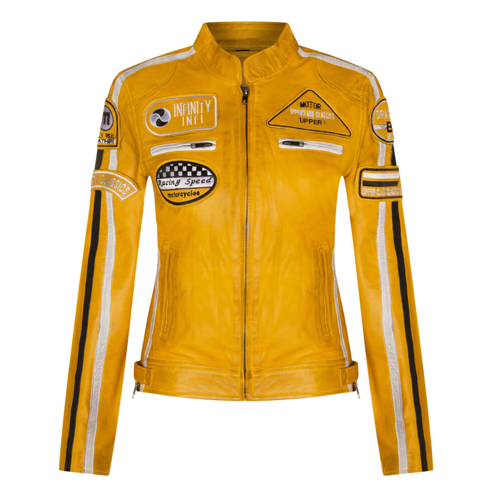 (2XL) Womens Yellow Leather Biker Casual Racing Moto Badges Jacket-image-OPC-PDR2YJ7-NEW