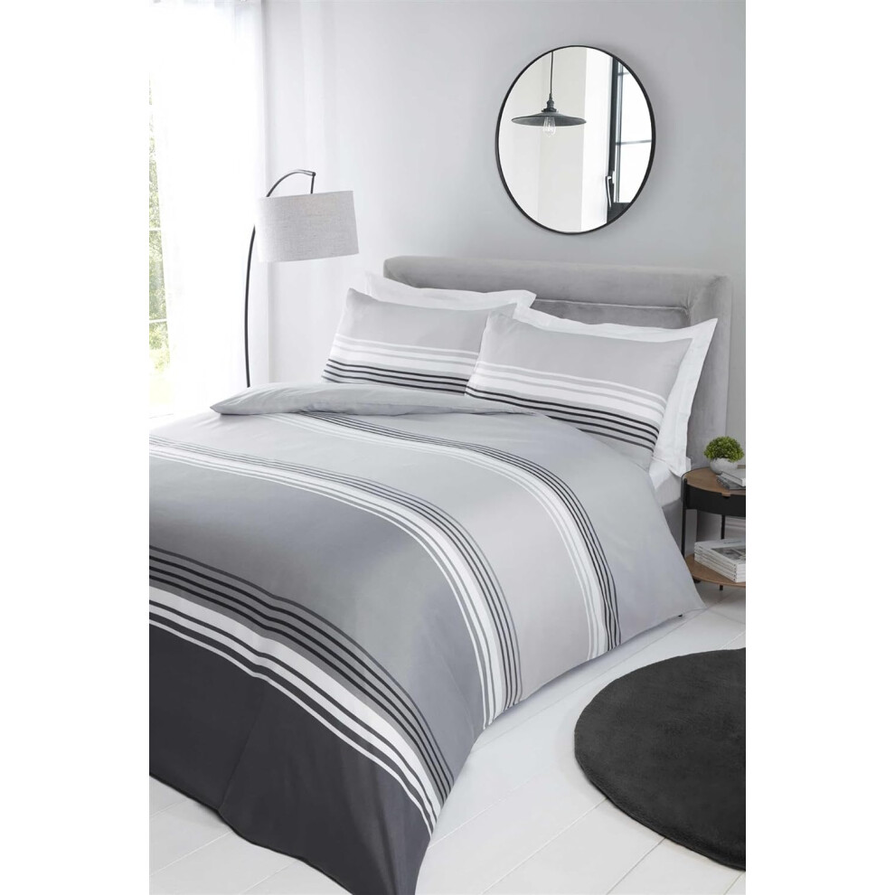 (Double, Grey) Rapport Home Microfibre Duvet Cover Set Striped Bedding Bed Set