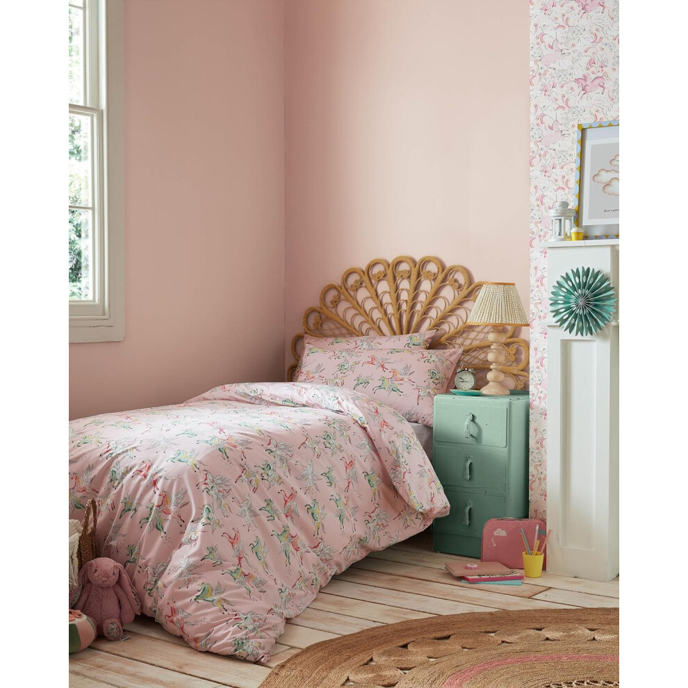 (Single) Cath Kidston Unicorns Pink 100% Cotton Kids Bedding Reversible Duvet Cover Set