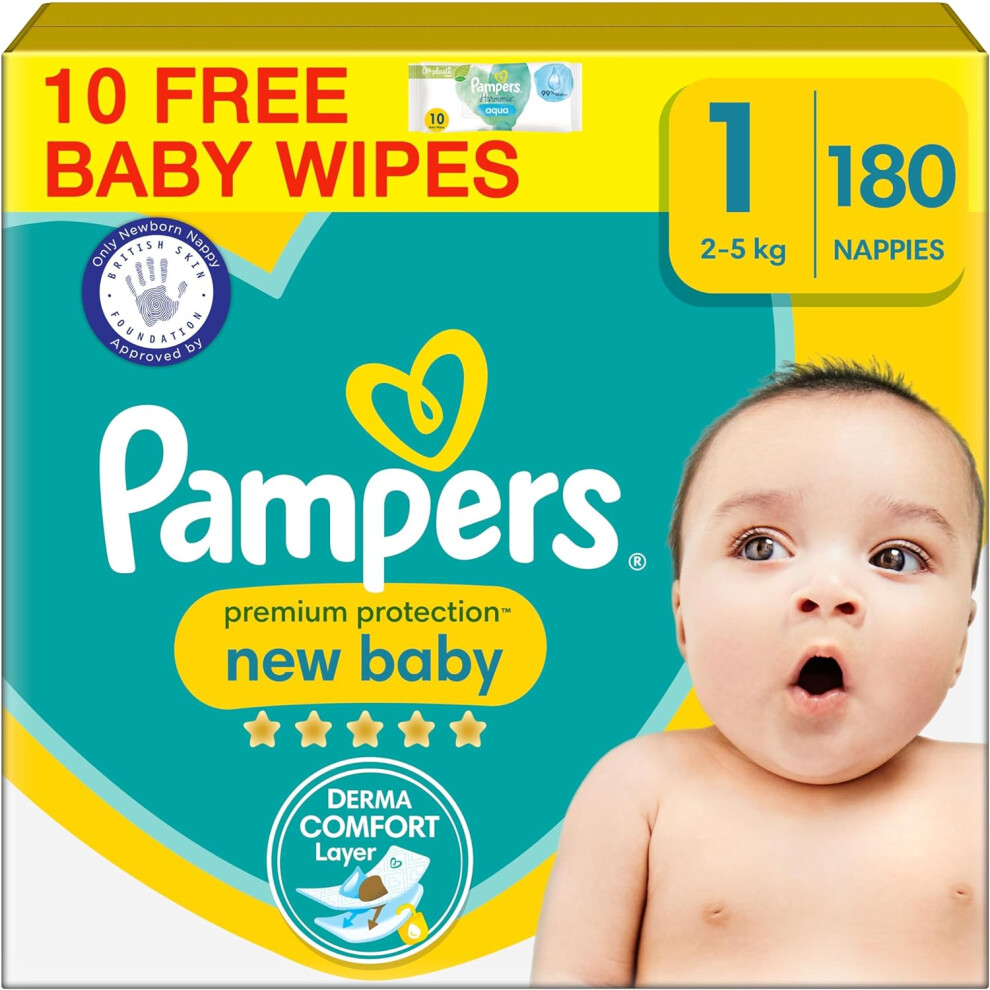 Pampers Premium Protection New Baby Size 1, 180 Nappies, 2kg-5kg, Monthly Pack + Pampers Harmonie Aqua Baby Wipes 10 Count