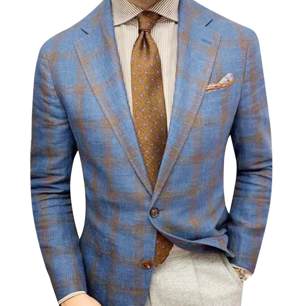 (Blue, XXXL) Mens Formal Blazer Plaid Pattern Plain Lapel Long-sleeved Button Blazer