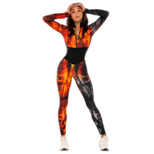 (XL) Women's Sports Gym One Piece Jumpsuit Fire Printed Long Sleeves Zipper Sports Jumpsuits
