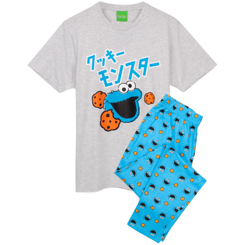 (XL) Cookie Monster Pyjamas For Men | Adults Sesame Street Japanese Grey Short Sleeve T-Shirt & Blue Loungewear Joggers Pjs | Muppets Merchandise