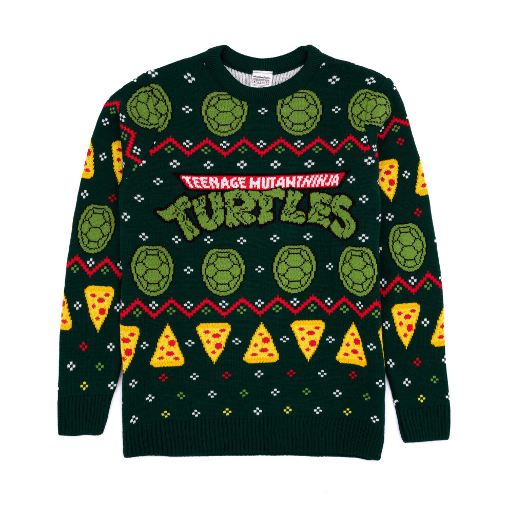 (L) Teenage Mutant Ninja Turtles Christmas Jumper Mens Green Knitted Sweater