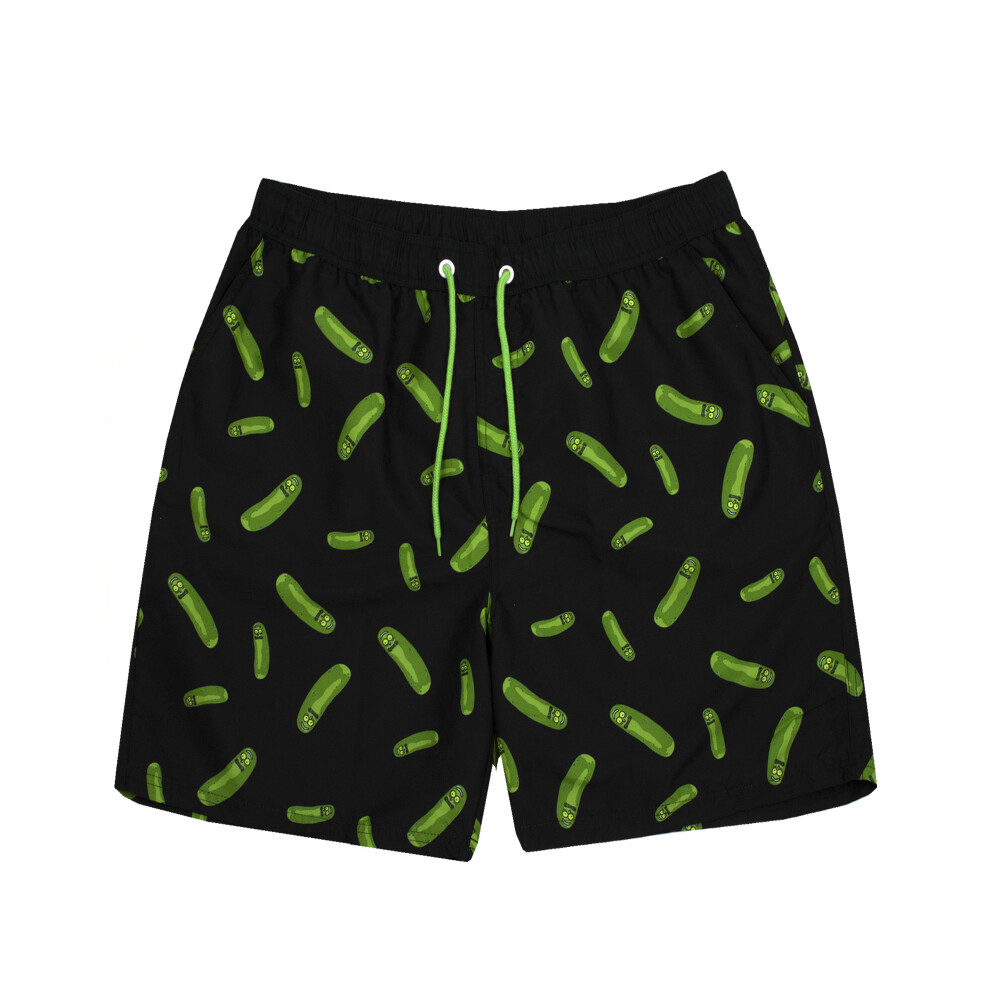 (Large) Rick And Morty Swim Shorts For Men | Adults Pickle Rick Swimming Trunks Pants | Drawstring Waistband Pockets Black & Green Merchandise