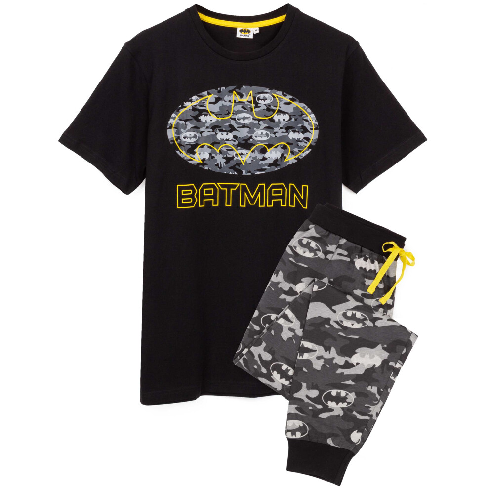 (Long Leg, S) DC Comics Batman Pyjamas For Men | Short OR Long Leg Bottom Options Camo PJS | Adults Superhero Black T-Shirt & Loungepants Gift