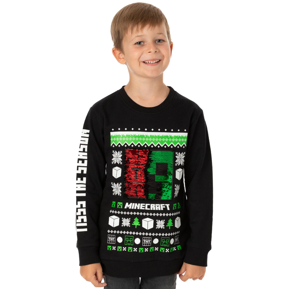(9 Years) Minecraft Christmas Jumper Kids Boys Creeper TNT Flip Sequin Sweater