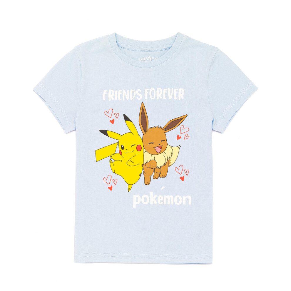 (13-14 Years) Pokemon T-Shirt Girls Kids Pikachu Eevee Friends Game Blue Top