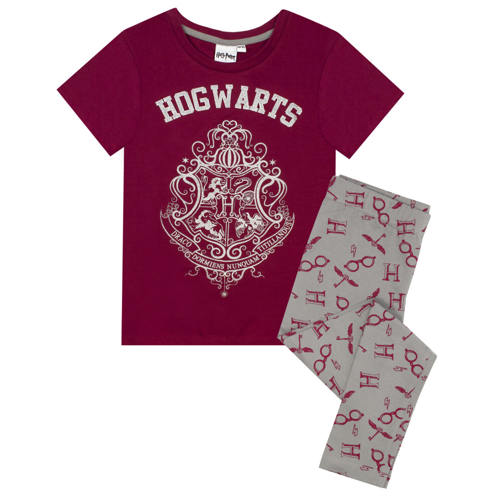 (Long Leg, 7-8 Years) Harry Potter Hogwarts Crest Glitter Print Girl's Long OR Short Leg Pyjamas