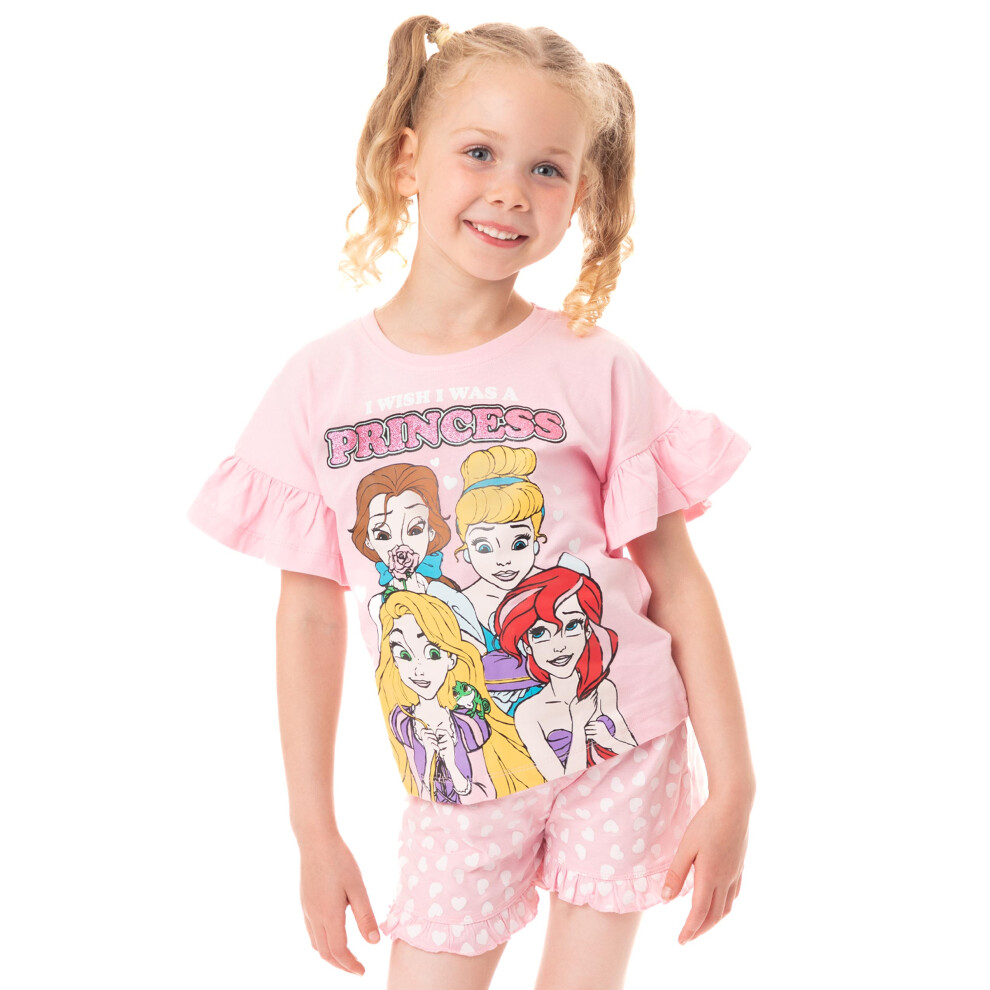 (3-4 Years) Disney Princesses Pyjamas For Girls | Pink Cotton T-Shirt & Short Pyjama Set | Beauty & The Beast, Cinderella, Ariel, Rapunzel Characters