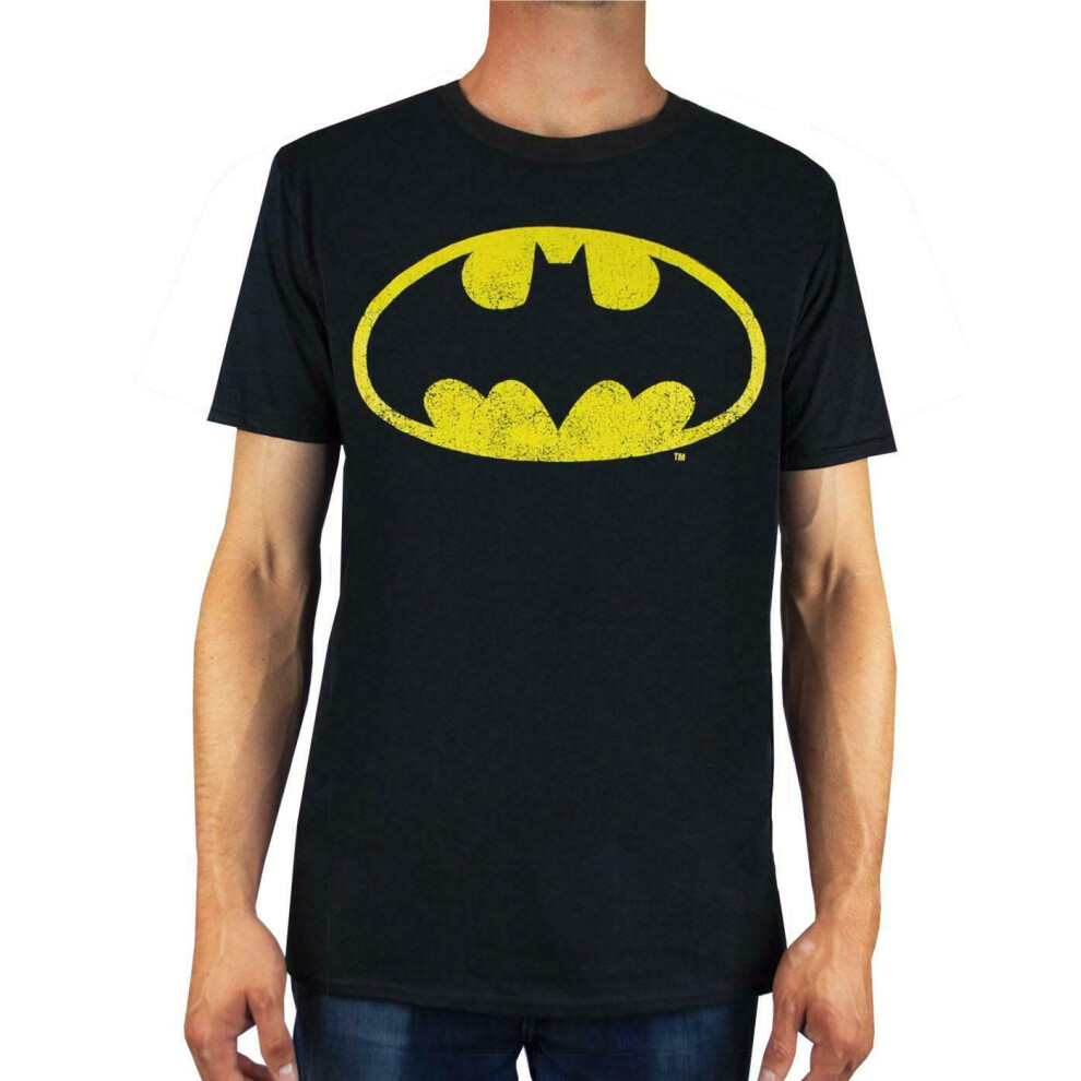 (S) Batman T-Shirt Distressed Logo Men's Adults DC Comics Gift Black Shirt Top