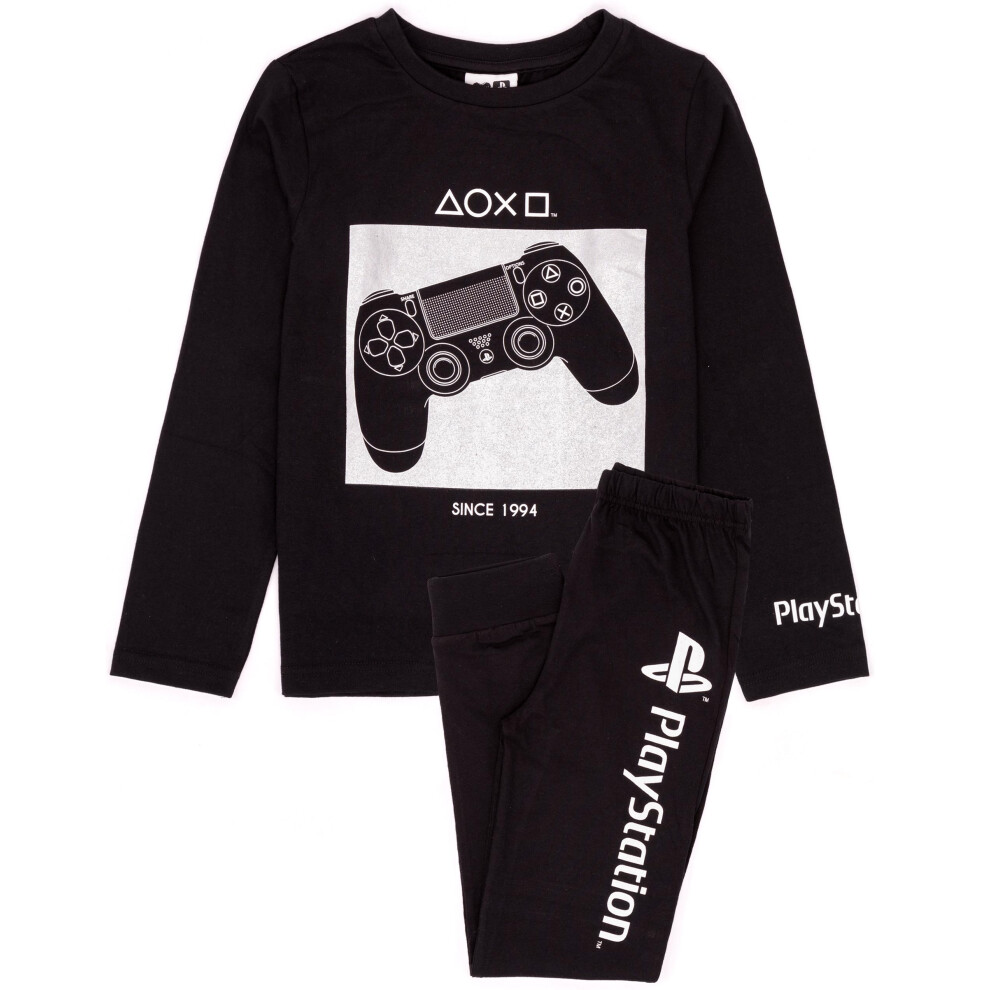 (10-11 Years) PlayStation Pyjamas Boys Kids Long Sleeve Black Controller T Shirt Bottoms