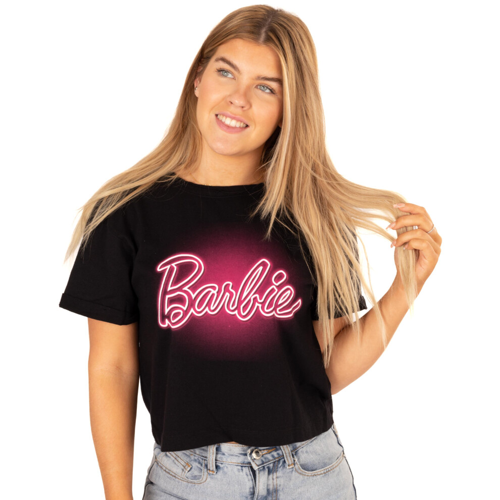 (S) Barbie Cropped T-Shirt Womens Ladies Neon Pink Logo Grey Top