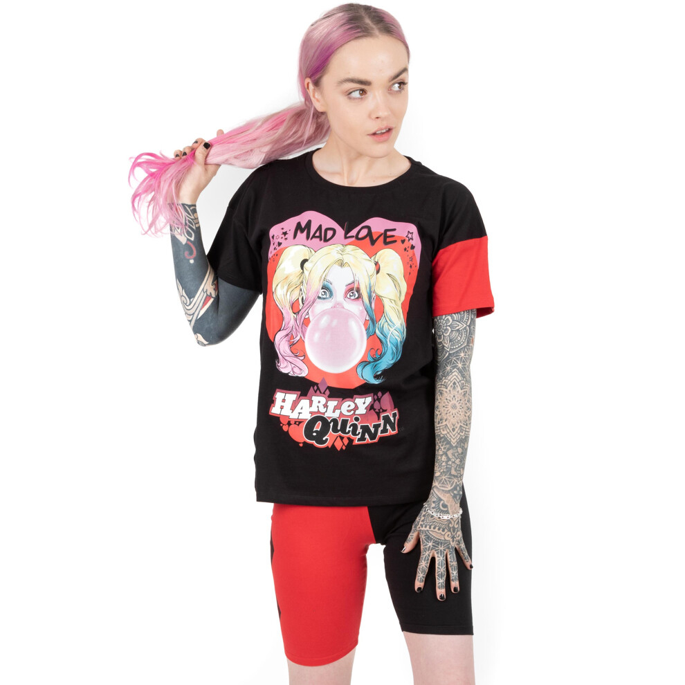 (M) DC Comics Harley Quinn Pyjamas For Women | Adults Mad Love Black T Shirt With Red Cycle Shorts | Villain Loungewear Merchandise